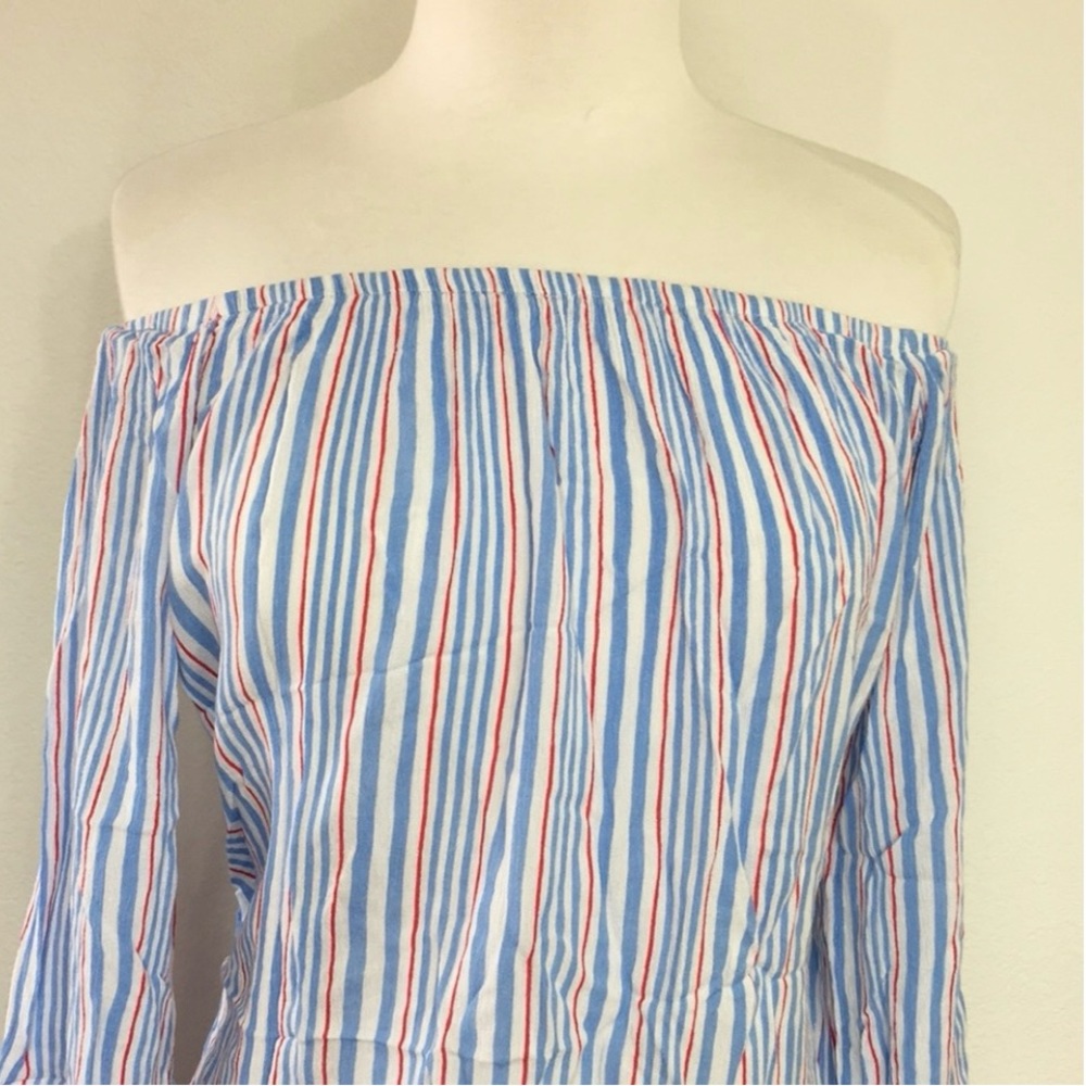 Lucy Love Blue White Stripe Off Shoulder Balloon Sleeve Blouse Tunic Size Large - Picture 6 of 16